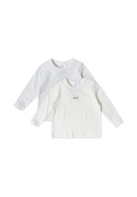 Set van twee langemouwen shirts: één wit met de tekst "smile", de andere grijs met dunne strepen. Zachte katoenstof, ronde halslijnen en drukknoopsluitingen.