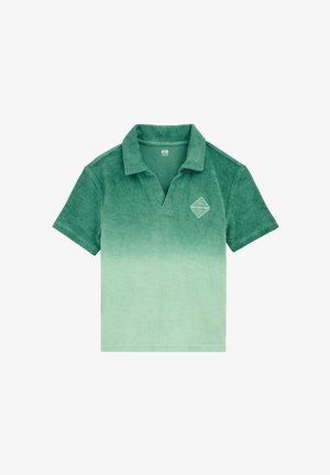 Tricou polo cu mâneci scurte din material de tip terry verde, cu degradé și patch „Sun and Fun” pe pieptul stâng.