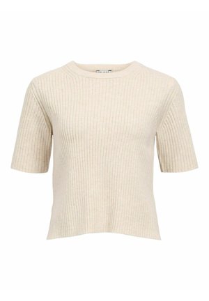 Kortærmet, ribbet strikket top i lys beige. Har en rund hals og en afslappet pasform, med en blød tekstur og diskret vertikal mønster.
