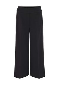 Pantalons larges noirs à taille haute, fabriqués dans un tissu lisse, présentant des lignes épurées sans motifs visibles ni accessoires.