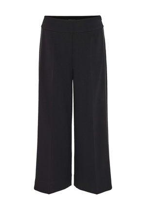 Pantaloni neri a gamba larga con vita alta, realizzati in tessuto liscio, caratterizzati da linee pulite e senza motivi visibili o accessori.