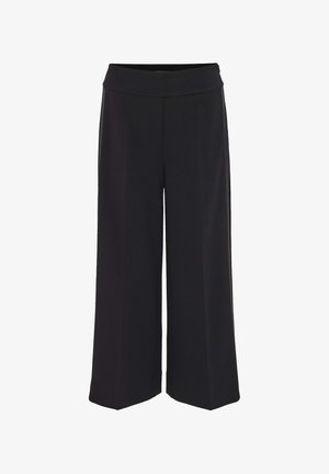 Zwarte wijde broek met een hoge tailleband, gemaakt van gladde stof, met strakke lijnen en zonder zichtbare patronen of hardware.