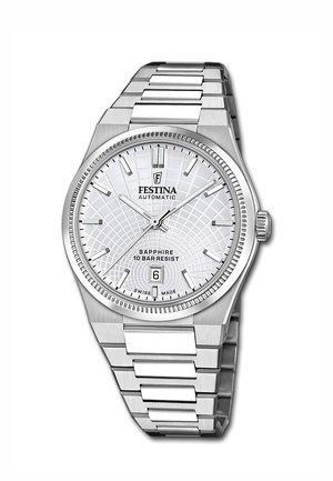 Festina Automatik-Armbanduhr aus silbernem Edelstahl mit strukturiertem Zifferblatt, Datumsanzeige bei 6 Uhr und wasserdicht bis 10 bar.