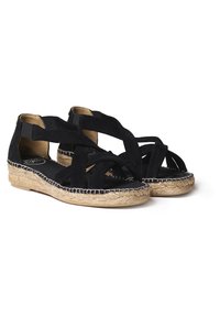 Mustad sametist espadrille sandaalid ristatud rihmadega, juteest kootud vaheosa ja tasase kummist tallaga. Avatud varbakujundus.