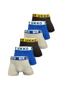 Herrboxer i grått, blått och svart; var och en med kontrasterande "MR UKKO" elastiska midjeband i gult och blått. Mjuk tygkvalitet, åtsittande form.