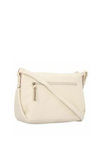 Bolso cruzado beige hecho de cuero sintético texturizado. Cuenta con un cierre superior con cremallera, un bolsillo exterior con cremallera y una sola correa ajustable.