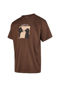 Brown cotton t-shirt featuring a graphic of two black birds on a beige background. Classic crew neck and short sleeves design.