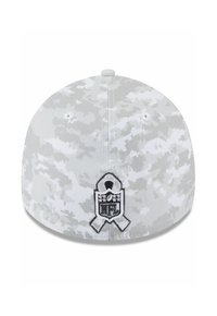 Gray camouflage cap with a flat brim, featuring an embroidered NFL logo and ribbon detail on the back. Smooth fabric texture.