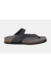 Sandale noire avec boucle, semelle en liège et semelle intérieure texturée grise. Présente une semelle extérieure en caoutchouc et une sangle ajustable. Nom de la marque : Mephisto.