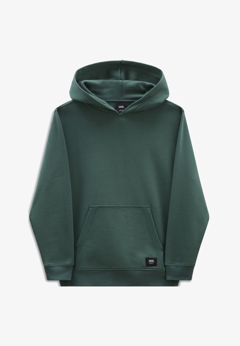 Sweat à capuche vert en tissu doux, avec une poche kangourou à l'avant, une capuche avec cordon de serrage, et une étiquette de marque sur le bas côté.