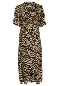 Maxi kjole med leopardprint, kortærmede, V-udskæring, knapdetaljer og en glat stoftekstur i beige og sorte nuancer.