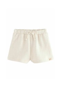 Pantaloni corti in cotone di colore chiaro con vita elasticizzata, stringa frontale e macchie multicolori. Piccola etichetta con logo sull'orlo.
