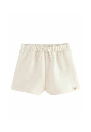 Pantaloni corti in cotone di colore chiaro con vita elasticizzata, stringa frontale e macchie multicolori. Piccola etichetta con logo sull'orlo.