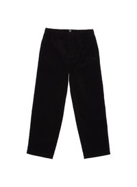 Pantalones de pana negra, corte relajado, cintura elástica, piernas rectas, textura suave, detalles mínimos, hasta el tobillo.