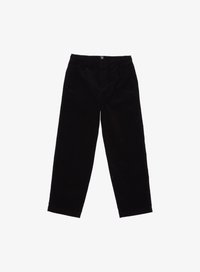 Pantalones de pana negra, corte relajado, cintura elástica, piernas rectas, textura suave, detalles mínimos, hasta el tobillo.