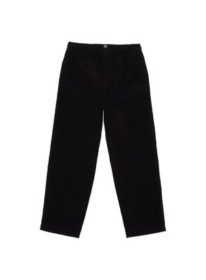 Zwarte corduroy broek, relaxte pasvorm, elastische tailleband, rechte benen, zachte textuur, minimale detailing, enkel-lang.