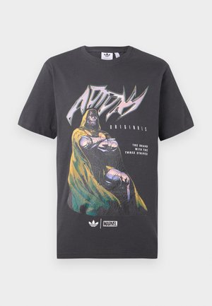 Black t-shirt with graphic of Marvel's villain Doctor Doom wearing a green hooded cape and armor, and Adidas and Marvel logos below.