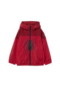 Rode windbreaker jack met een spinnenafbeelding, met een rits aan de voorkant, elastische manchetten en een capuchon. Gemaakt van glanzend, lichtgewicht materiaal.