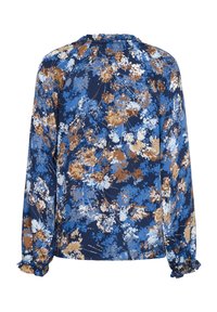 Blommig långärmad blus i mörkblått med ljusblå, vit och brun mönster. Sammanknuten halsringning och puffade manschetter. Lättviktigt tyg.