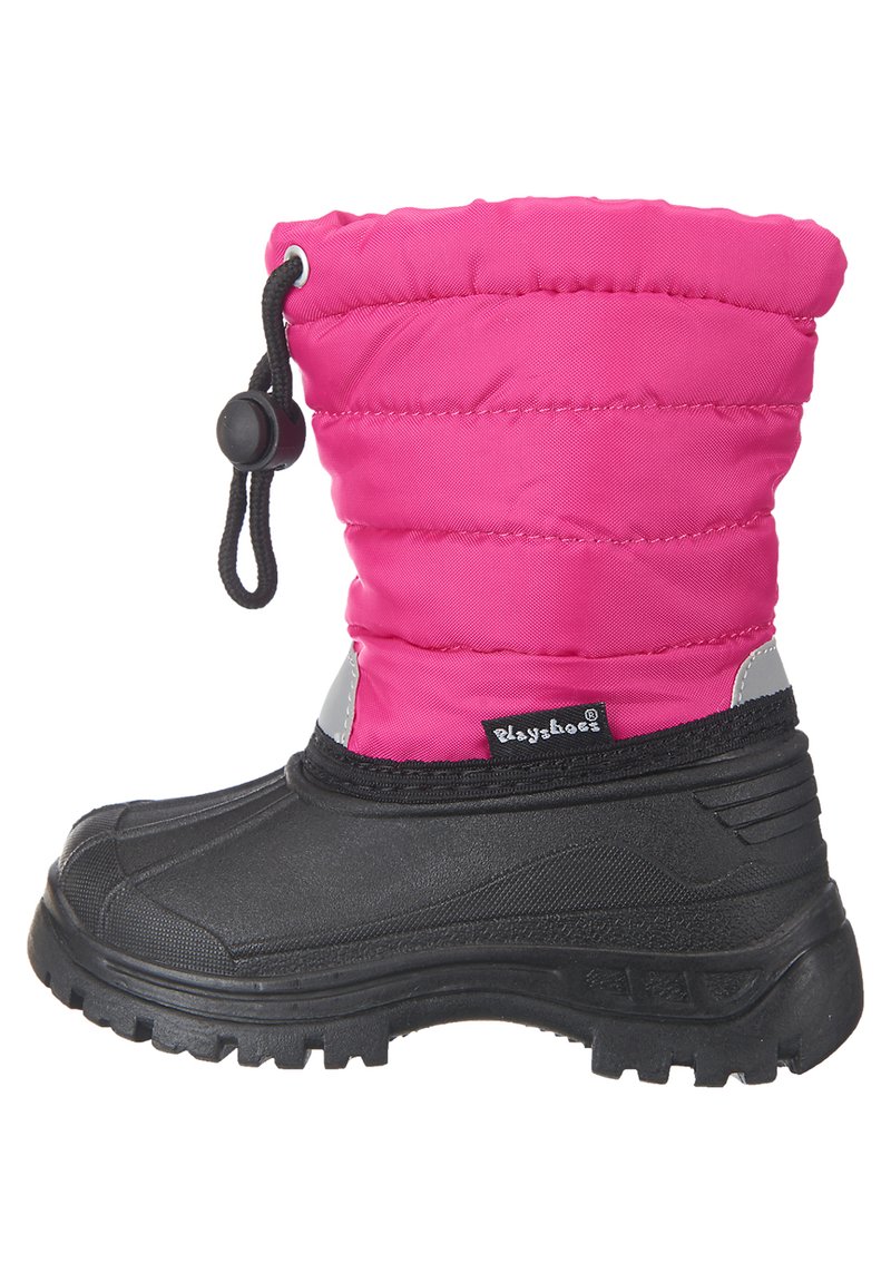 Schwarze Gummistiefel mit einem oberen Teil aus pinkem Nylon, ausgestattet mit einem Kordelzugverschluss und grauen Akzenten. Strukturierte Sohle für besseren Halt.