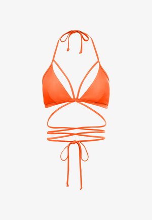 Narancssárga bikini felső háromszög alakú kosarakkal, vékony pántokkal és hátrafelé megkötött, körbevarrt kialakítással, sima, ruganyos anyagból készült.