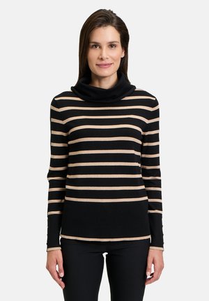 Zwart en beige gestreepte trui met een colhals, geribbelde manchetten en knoopaccenten op de mouwen. Glad materiaal, aansluitende pasvorm.