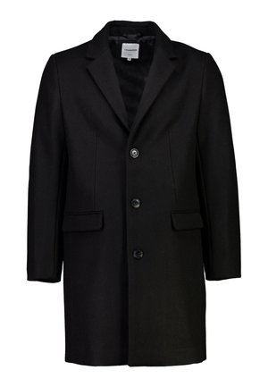 Black wool coat with a notched lapel, button closure, and two front pockets. Features a smooth interior lining and a tailored shape.