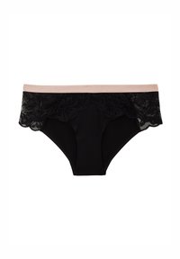 Sous-vêtements noirs avec une taille en dentelle florale noire et un bord en satin rose. Le matériau semble lisse avec une texture douce.