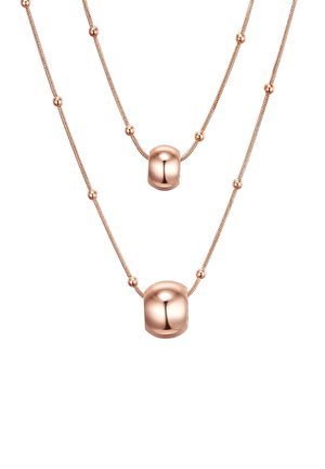 Collar en oro rosa de capas, que presenta cuentas redondas lisas y delicados eslabones de cadena, destacando un acabado pulido y tamaños de cuentas variados.