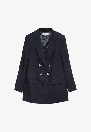 Czarna dwurzędowa marynarka z sześcioma srebrnymi guzikami, klapami z wycięciem, dwoma przednimi kieszeniami z patkami oraz gładką, satynową podszewką.