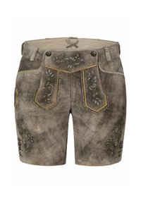 Shorts en suède gris avec broderies florales et coutures décoratives. Comprend deux poches plaquées et cinq boutons en métal sur les côtés.