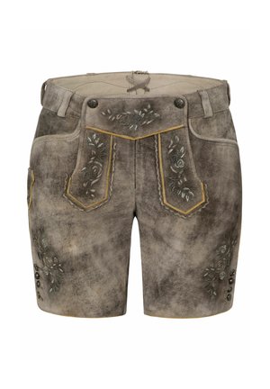 Shorts en suède gris avec broderies florales et coutures décoratives. Comprend deux poches plaquées et cinq boutons en métal sur les côtés.