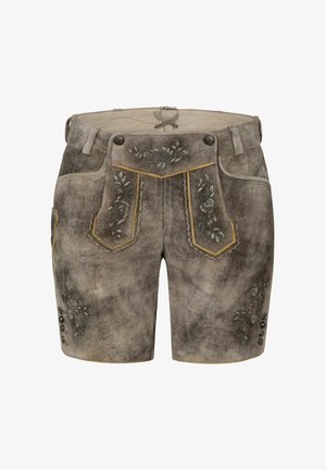 Shorts en suède gris avec broderies florales et coutures décoratives. Comprend deux poches plaquées et cinq boutons en métal sur les côtés.