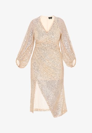 Beżowa sukienka zdobiona srebrnymi cekinami, z dekoltem w serek, długimi rękawami i bocznym rozcięciem dla dopasowanego fasonu. Teksturowana tkanina.