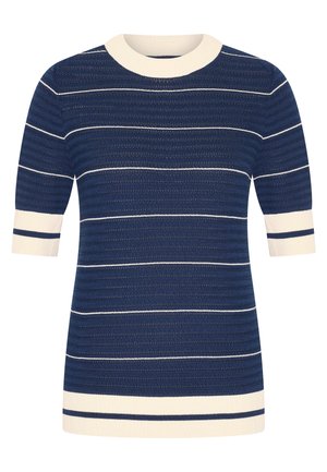 Top a righe blu navy e panna, in maglia, con maniche corte, caratterizzato da una texture a coste e scollatura rotonda. Righe orizzontali di diverse larghezze.