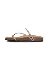 Brown cork flip-flops with thin, sparkling straps. The footbed is textured with a subtle grain, featuring a black rubber sole.