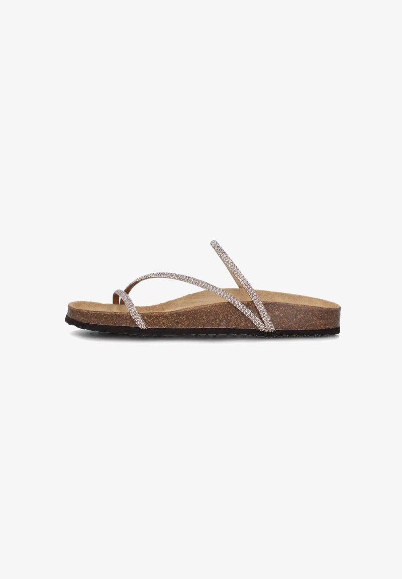 Brown cork flip-flops with thin, sparkling straps. The footbed is textured with a subtle grain, featuring a black rubber sole.