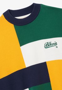 Pull tricot à blocs de couleurs avec col côtelé bleu marine en jaune, vert, blanc et bleu marine, avec "Blkvis 13" brodé sur le panneau blanc.