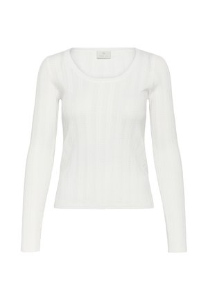Pull tricoté manches longues blanc avec des motifs subtils de câbles verticaux et un col rond, présenté sur un fond blanc.