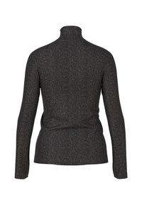 Dunkelgrauer Rollkragenpullover mit langen Ärmeln, strukturiertem Stoff, tailliertem Design und hohem Halsausschnitt, der auf der Rückseite eine glatte Oberfläche zeigt.