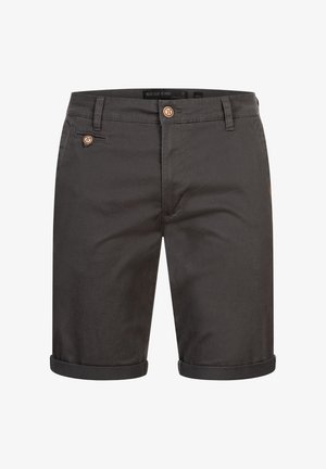 Dark gray cotton shorts with rolled cuffs, featuring a front button closure and two side pockets. Smooth texture with classic design.