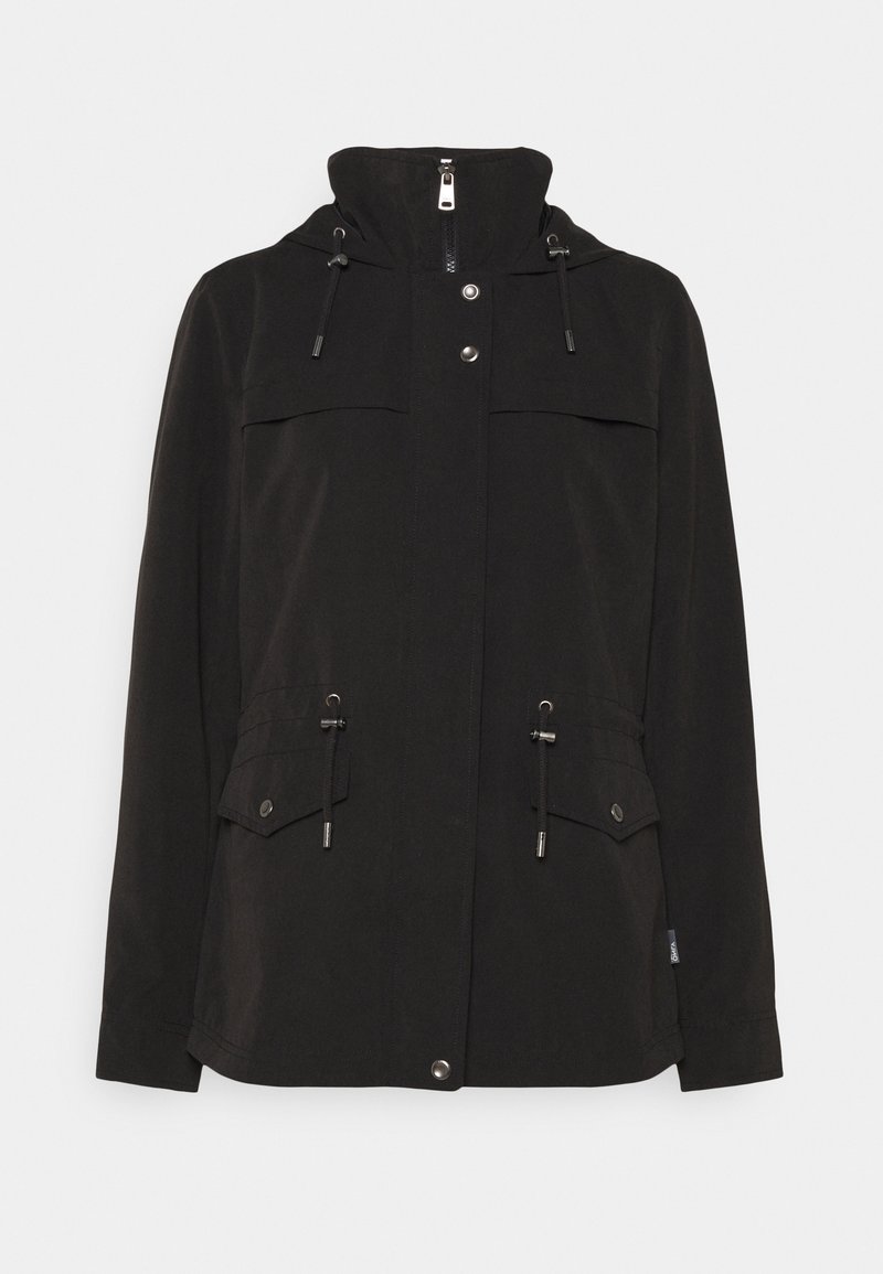 Veste noire à capuche avec fermeture éclair frontale, boutons-pression, cordons de serrage réglables à la capuche et à la taille, et deux rabats de poches à boutons-pression.
