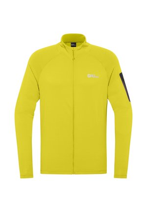 Gelbe Zip-Jacke mit strukturiertem Oberflächenmaterial, langen Ärmeln und einem Stehkragen. Verfügt über ein Logo auf der linken Brust und einen schwarzen Akzent am Ärmel.