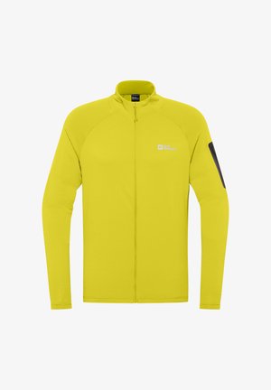 Gelbe Zip-Jacke mit strukturiertem Oberflächenmaterial, langen Ärmeln und einem Stehkragen. Verfügt über ein Logo auf der linken Brust und einen schwarzen Akzent am Ärmel.