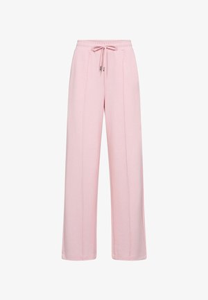 Gaiši rozā platās sporta bikses ar elastīgu jostu un priekšējo auklu, ar vertikālām šuvju detaļām gar kājām.