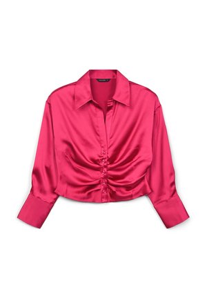 Fuchsia Satin-Cropped-Bluse mit Knopfverschluss, langen Ärmeln und gerafften Details an der Taille. Glatte Textur. Klassischer Kragen.