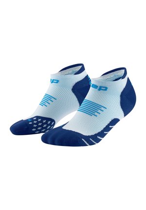 Blue and white athletic socks with a low cut design, featuring textured grips on the soles and horizontal stripe patterns on the sides.
