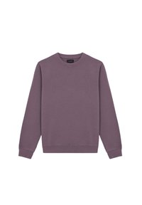 Fioletowa bluza wykonana z miękkiego materiału, z okrągłym dekoltem, długimi rękawami i prążkowanymi mankietami, z małym logo na piersi.