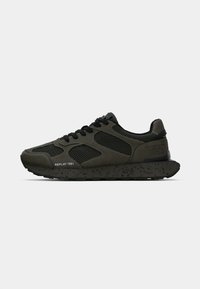 Black and olive green sneaker featuring mesh panels, a textured outsole, and a logo print on the side. Lightweight and sporty design.