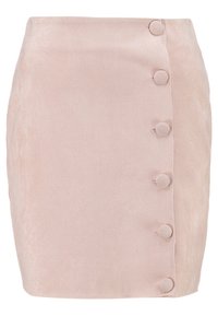 Ljusrosa, figurnära minikjol i mjukt tyg med en slät textur, som har en sidoknappstängning med runda knappar.